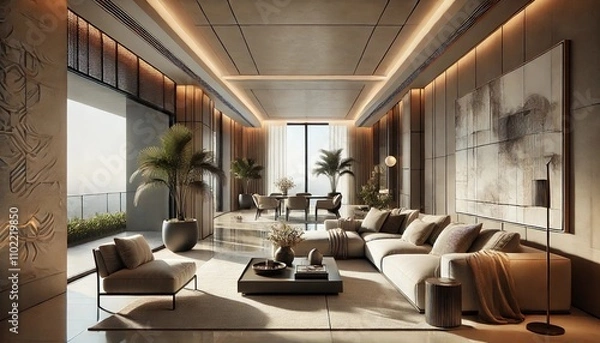 Fototapeta A luxurious and modern interior design featuring an open living room with large windows, allowing natural light to flood the space