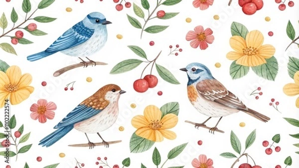 Obraz Watercolor Seamless Pattern with Birds, Berries and Flowers, floral pattern, bird pattern