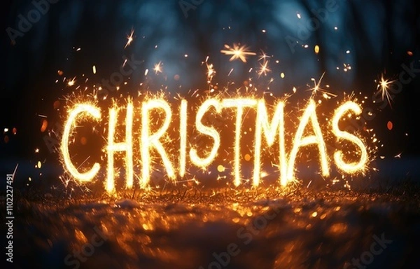 Fototapeta MERRY CHRISTMAS written with sparklers in the dark, long exposure shot