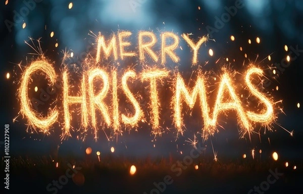 Fototapeta MERRY CHRISTMAS written with sparklers in the dark, long exposure shot