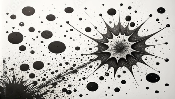 Fototapeta Abstract Black Ink Splashes and Circles on White Background, ink art, abstract art