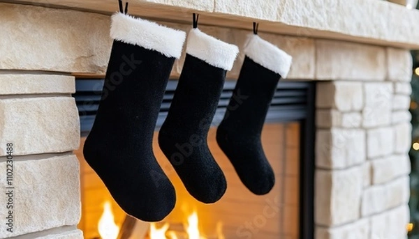Fototapeta Three black stockings with white fur trim hang over a cozy stone fireplace, adorned with a warm fire, creating a festive holiday atmosphere.