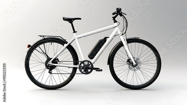 Fototapeta A minimalist electric bicycle with a square-shaped frame and integrated lights, photographed in a modern studio setting with bright, clean lighting