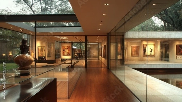 Fototapeta A modern art gallery showcasing various artworks, featuring glass walls and wooden floors, surrounded by lush greenery.