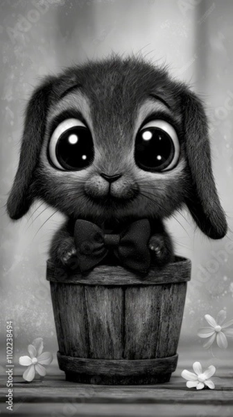 Fototapeta  a cute black and white bunny sitting in a flower pot with a bow tie The bunny has big eyes and is surrounded by a few flowers The background is slightly blurred,