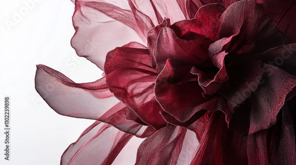 Fototapeta Textured translucent fabric flower in garnet red against white background, showcasing intricate details