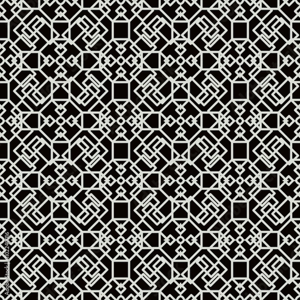 Fototapeta Intricate geometric pattern with interlocking shapes, featuring white lines on a black background. Perfect for decorative arts, textiles, and architectural designs.