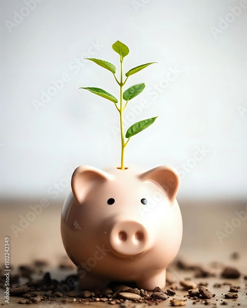 Fototapeta close up, plant grows on the piggy bank dept of field. Ai generated image
