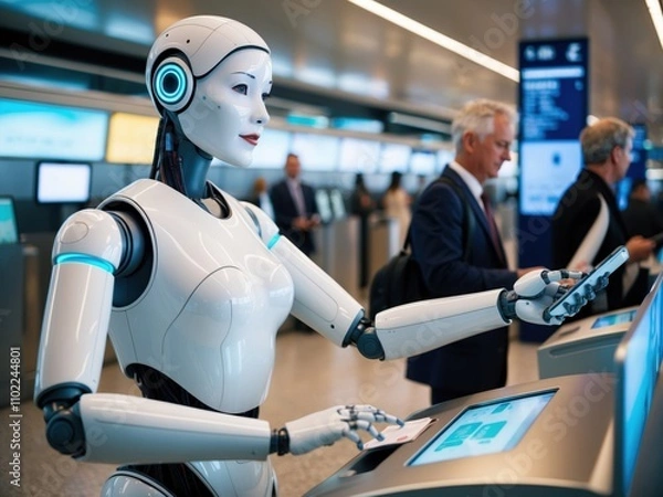 Fototapeta A humanoid robot woman acting as an assistant for passengers in an airport, providing information and guidance with a friendly, efficient demeanor