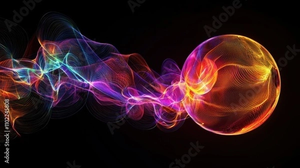 Fototapeta A vibrant, glowing orb emerges from colorful, flowing waves of light against a dark background, creating a sense of motion and energy.