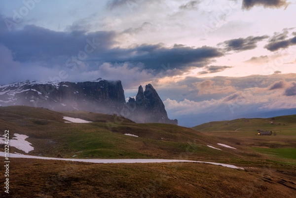 Fototapeta Panoramic view of Mount Sciliar from Alpe di Siusi in the Dolomites in South Tyrol, Italy.