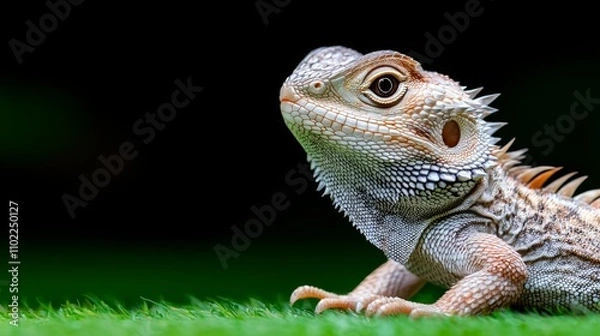 Fototapeta  a bearded dragon sitting atop a lush green field, its scales glistening in the sunlight Its eyes are focused intently on something in the distance, and its tongue