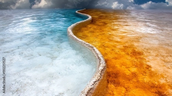 Fototapeta  a large body of water with a cloudy sky in the background The water is a deep blue color and the sky is filled with white, fluffy clouds