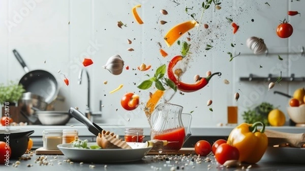 Fototapeta A vibrant kitchen scene showcasing vegetables, spices, and herbs dramatically floating mid-air, creating an explosion of color and movement. The mix of peppers, tomatoes, and garlic suggests lively
