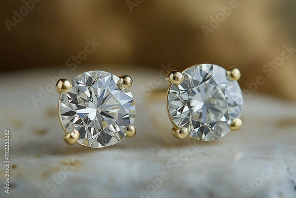 Fototapeta Two diamond earrings with gold posts. The earrings are set in a gold setting and are very shiny