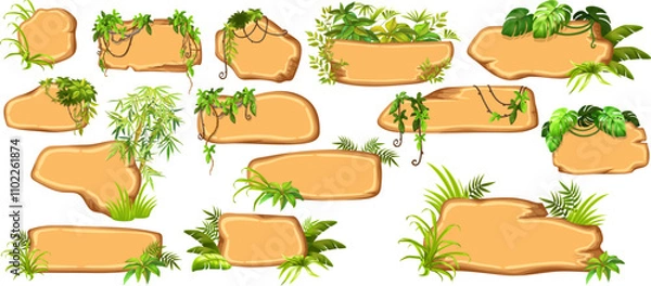 Fototapeta Game panels in jungle style with liana branches and leaves, ivy. Set isolated wooden elements, boards for covers, applications, notebooks, mobile games. Vector signboards with space for text.