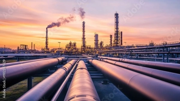 Fototapeta Industrial Oil Refinery at Sunset with Pipes and Smokestacks