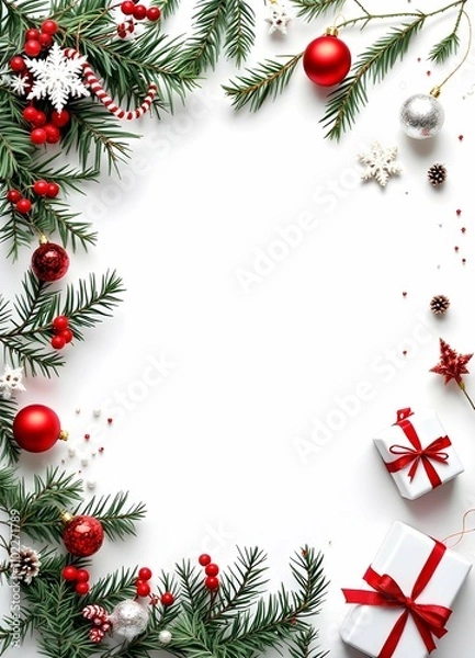 Obraz Christmas Frame background with A Decorative Border for Holiday Cards, red ribbon gift box, text space background