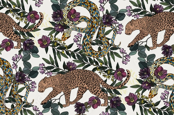 Obraz A seamless pattern of colorful snakes intertwined with blooming flowers and leopards against a light background creates a vibrant and detailed visual effect.
