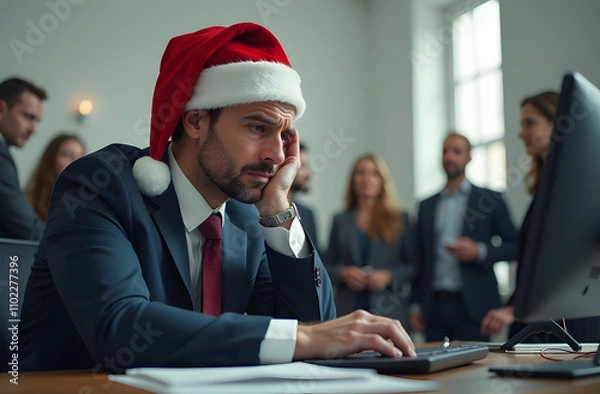 Fototapeta Tired man in Santa hat working at computer in office during Christmas party