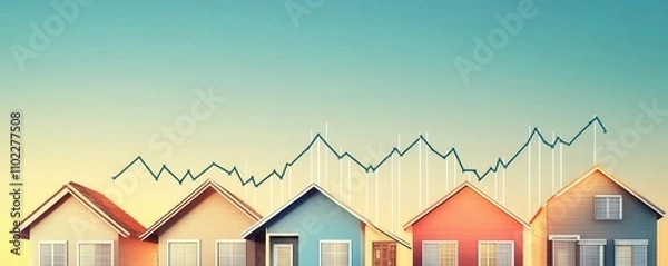 Fototapeta Colorful houses represent a thriving real estate market with upward trends in statistics, symbolizing growth and investment.