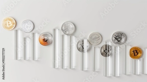 Obraz A modern image featuring cryptocurrency coins, including Bitcoin, Ethereum, and others, placed atop transparent vertical bars. The futuristic arrangement emphasizes the rise of digital currencies in