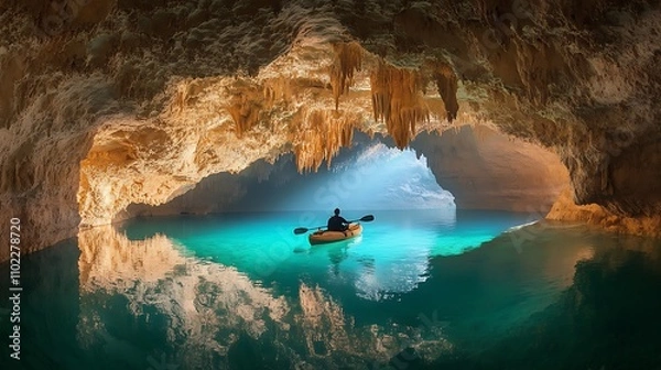 Fototapeta Diver captivated by the beauty of an illuminated underwater cave