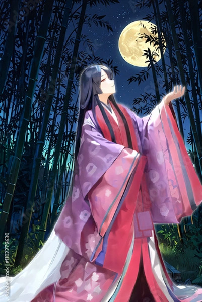 Fototapeta 月夜に佇む十二単を着た女性