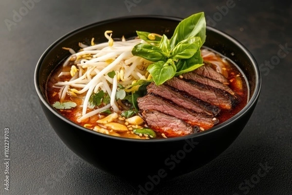 Fototapeta vietnamese cuisine, savor a bowl of pho bo soup, beef slices, bean sprouts, and basil leaves atop a rustic tabletop for a delightful meal