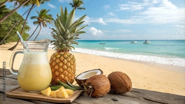 Fototapeta Virgin Piña Colada in a tropical beach setting with pineapple.
