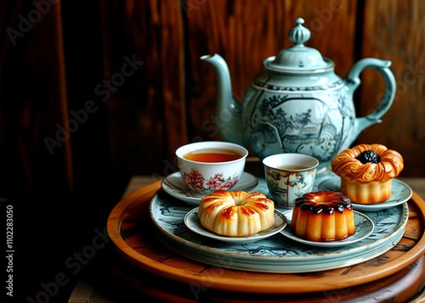 Fototapeta Delightful tea time with exquisite pastries and a charming teapot in a cozy setting