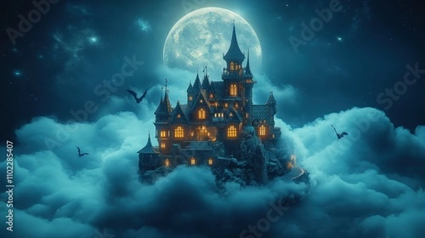 Fototapeta Enchanting castle on a cloud with glowing windows under a full moon, creating a mystical and magical night scene.