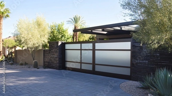 Obraz Modern Sliding Gate with Frosted Glass Panels and Stone Wall