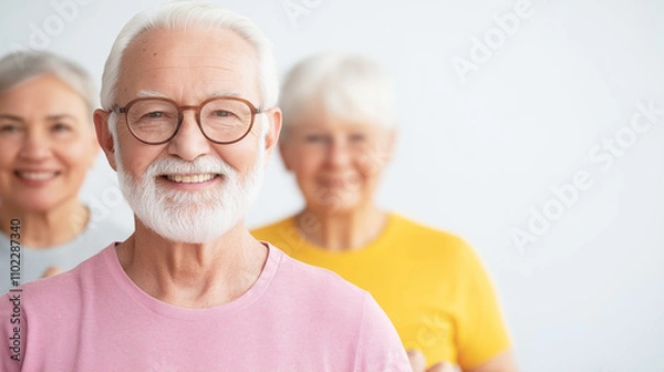 Obraz Elderly man happily practicing yoga with friends, embracing a healthy retirement lifestyle