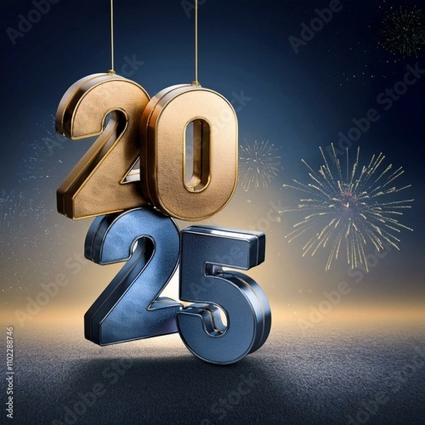 Fototapeta 3d text New Year 2025 gold realistic rendering New Year celebration