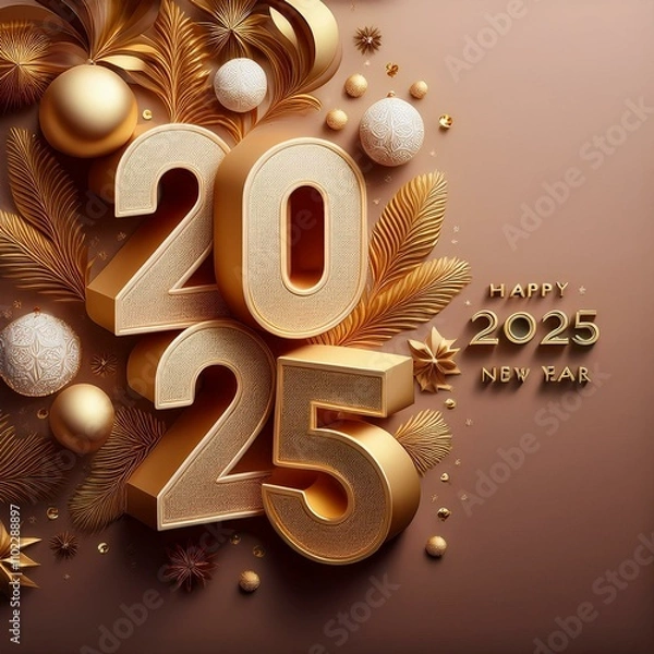 Fototapeta 3d text New Year 2025 gold realistic rendering New Year celebration