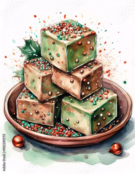 Fototapeta A pile of golden fudge squares with colorful sprinkles on a plate