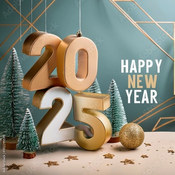 Fototapeta 3d text new year 2025 gold realistic rendering new year celebration