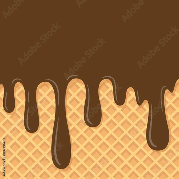 Obraz Melting chocolate ice cream on wafer background. Waffle cone with dripping liquid dessert texture. Square shaped sweet ice cream boarder. Vector illustration.
