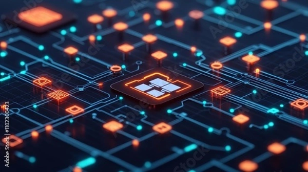 Fototapeta Futuristic Circuit Board with Neon Lights and Digital Elements