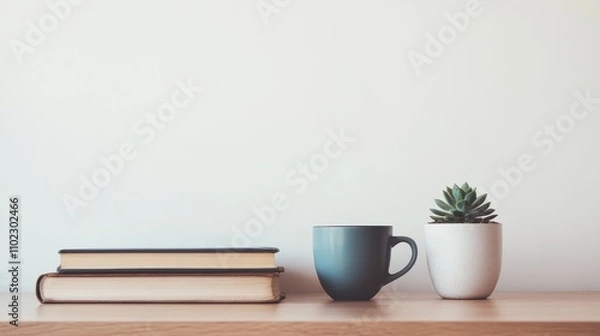 Fototapeta Cozy Minimalist Workspace with Books, Cup, and Succulents