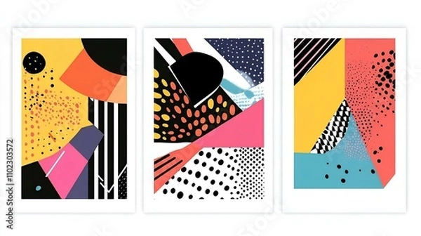 Obraz Set of three abstract posters featuring bold geometric patterns with clean lines and vibrant modern colors