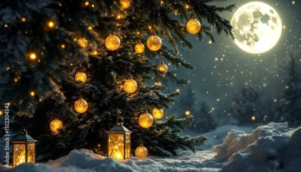 Fototapeta Magical Winter Night Christmas Tree under the Moonlight