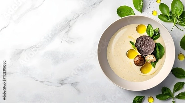 Fototapeta Creamy Soup with Truffle and Olive Oil Drizzled on White Marble Background, Garnished with Fresh Basil Leaves and Edible Mushrooms for Culinary Aesthetics