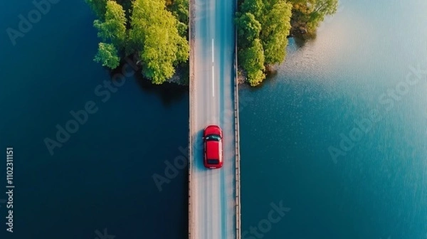 Fototapeta An aerial view of a bridge road with a red car crossing over a blue lake or sea, surrounded by an island and lush green woods during the summer in Finland.