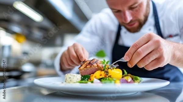 Obraz Focused chef artistically decorates a gourmet meat dish with a variety of colorful vegetables in a professional kitchen, enhancing aesthetic appeal and flavor balance.
