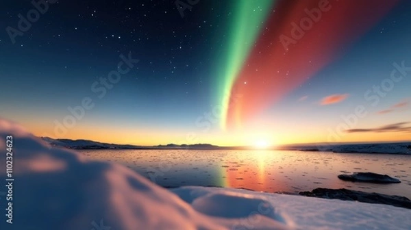 Fototapeta Stunning aurora borealis illuminates the sky over a tranquil frozen lake at sunrise, blending vibrant colors of nature with a serene icy landscape in Arctic region.
