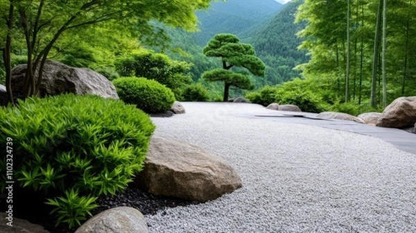 Fototapeta An inviting arrangement of a serene garden featuring harmonious rocks and lush greenery in a tranquil setting, emphasizing natural beauty and peacefulness.
