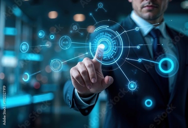 Fototapeta Businessman Interacting with Futuristic Digital Interface in High-Tech Environment