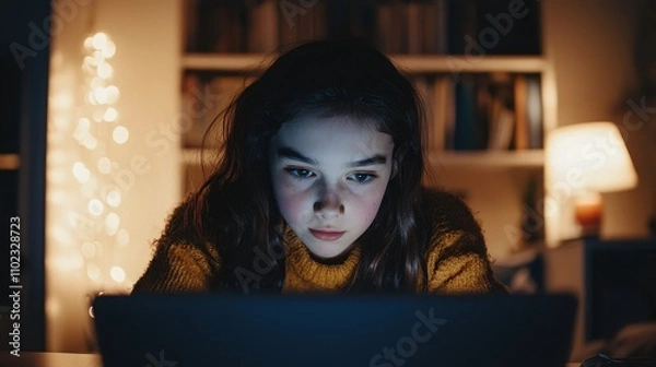 Obraz Child Focused on Computer Screen During Online Class About Dangers of Internet, Highlighting Concentration and Online Learning Environment